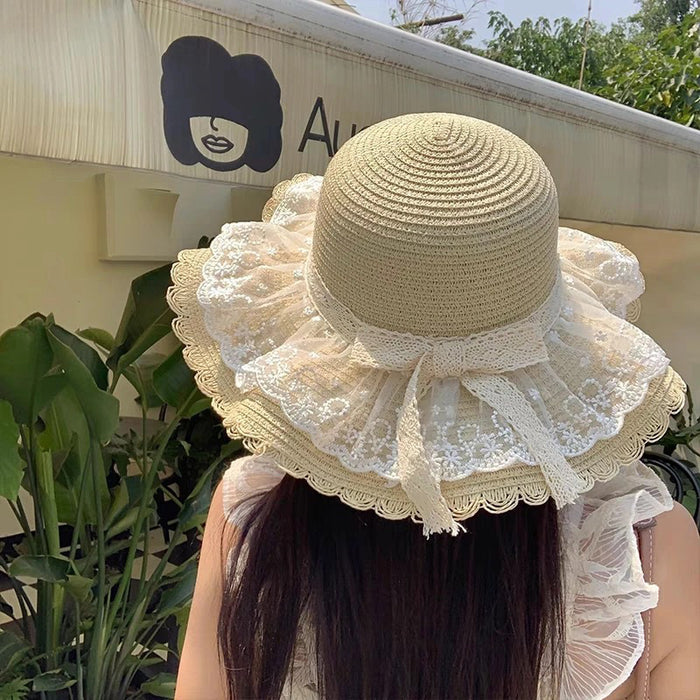 Wholesale Straw hat, lace bow, sunshade and sun protection hat, UV resistant sun grass hat