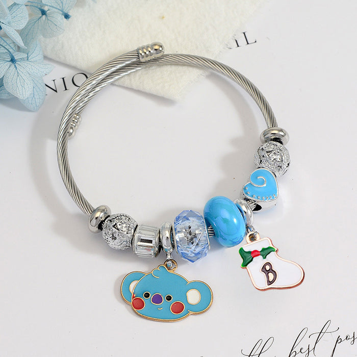 Wholesale Stainless Steel Electroplated Christmas Reindeer Bell Charm Bracelet MOQ≥2