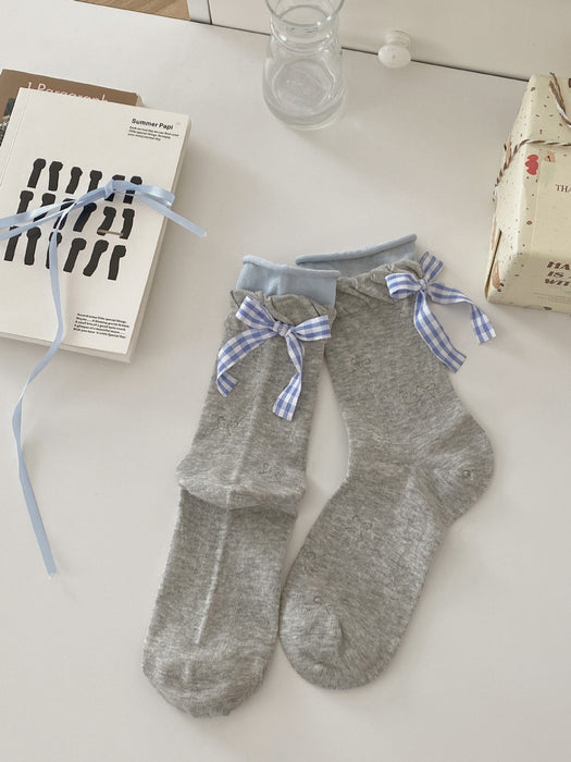 Wholesale Checkered bow socks boneless anti pilling pile socks