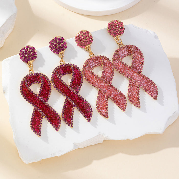 Wholesale Red Ribbon Breast Cancer Awareness Day Festival Glitter Enamel and Rhinestone Earrings