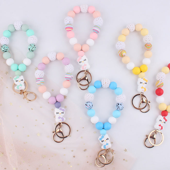 Wholesale Silicone wrist key chain pendant cartoon silicone cat DIY beaded bracelet key ring accessories