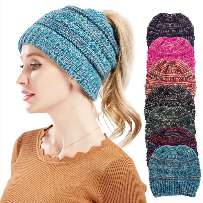 Wholesale Winter Multicolor knitted hat for women with a ponytail opening.