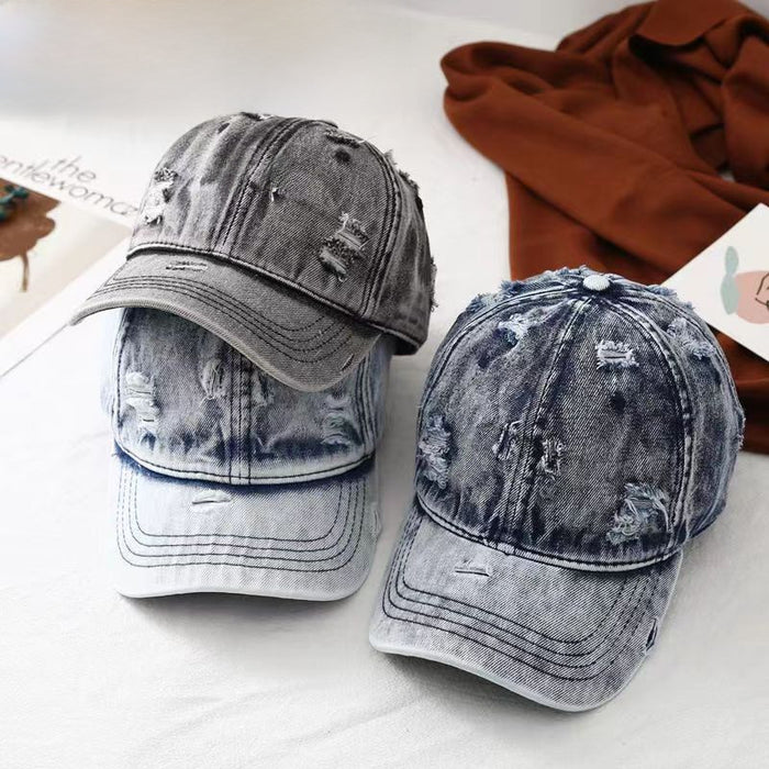 Wholesale British ripped hat, vintage distressed washed denim baseball cap, outdoor sun shading and sun protection, curved brim duckbill cap
