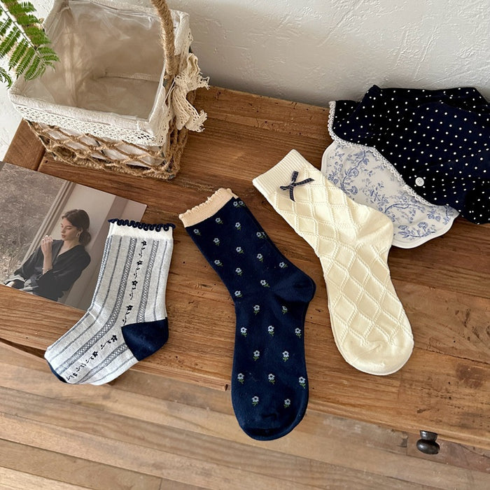 Wholesale Retro navy blue bow socks, children's mid length socks, pure cotton socks