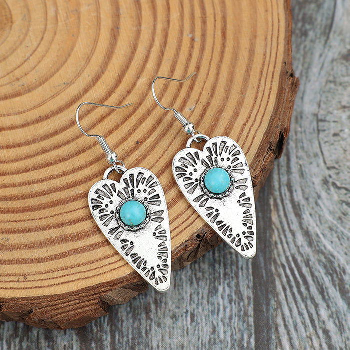 Wholesale  Bohemian Style New Heart-Shaped Inlaid Turquoise Earrings