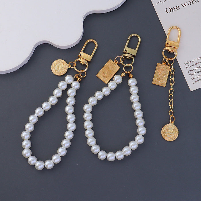Wholesale Pearl Bead Chain Keychain Metal Square Figure Pendant Mobile Phone Case Hanging