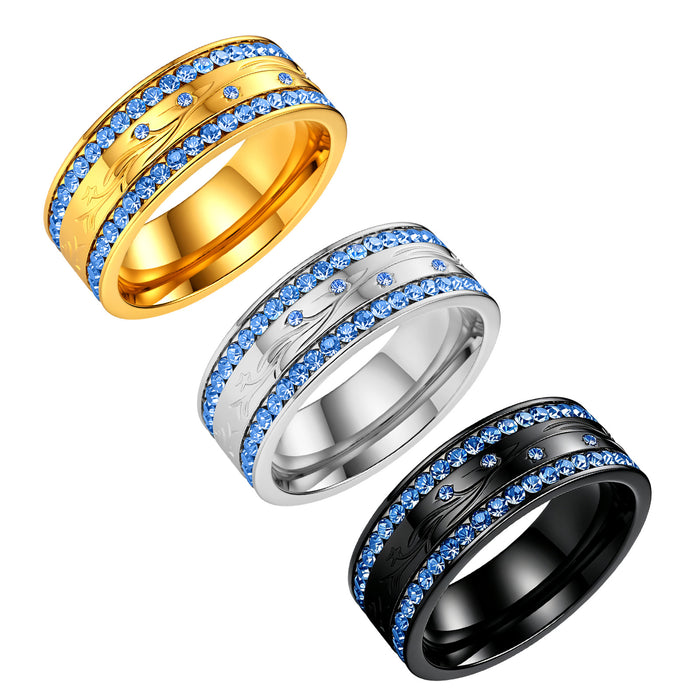 Wholesale Retro Carved Wide Band Ring Gold Stainless Steel Blue Tone Fashion Accessory