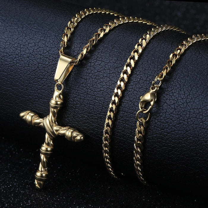 Wholesale Personalized trend Fried Dough Twists cross pendant stainless steel Cuban chain necklace