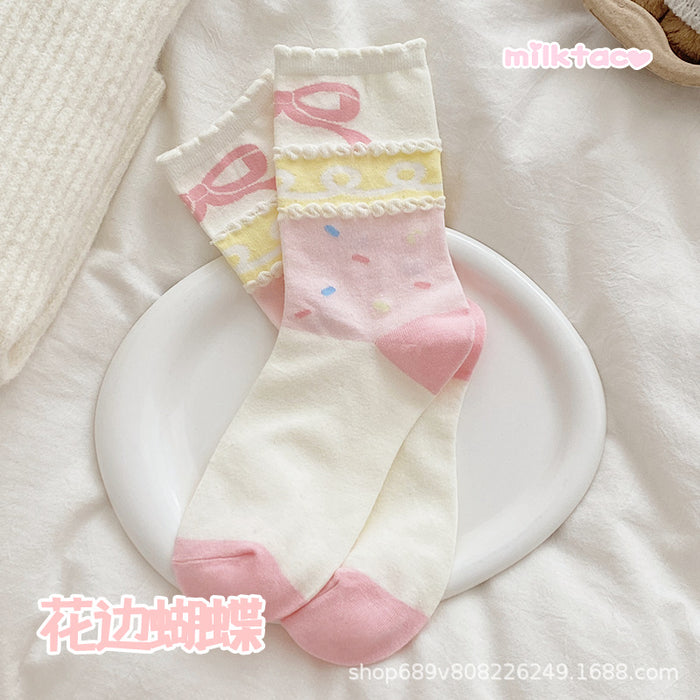 Wholesale Butterfly knot splicing plush socks with cartoon middle tube, cute for students