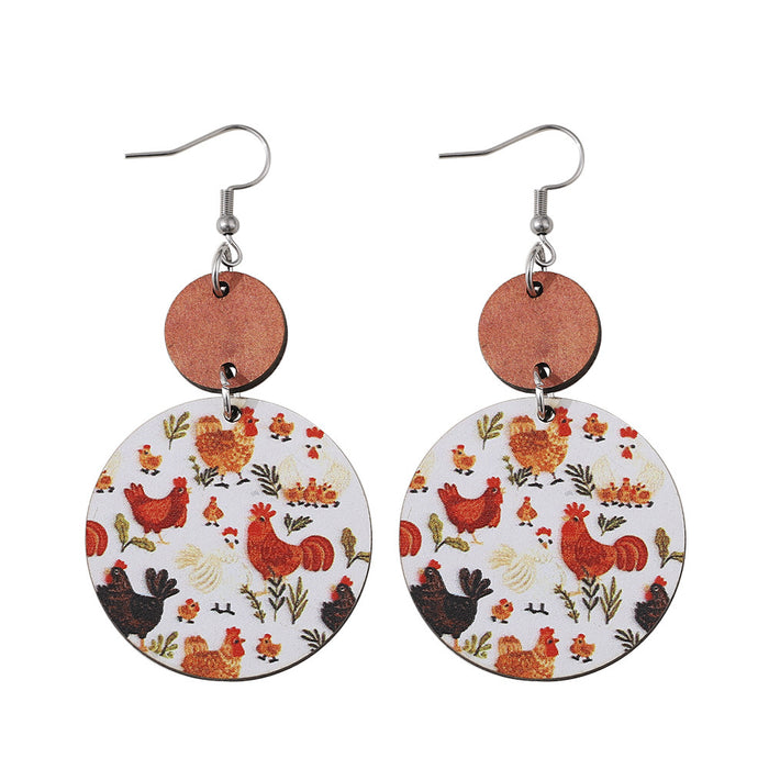 Wholesale Cute Chicken Lover Earrings Farm Animal Earrings Personalized Double-Sided Wooden Round Earrings