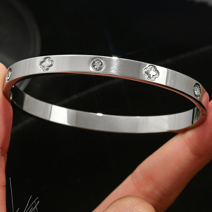Wholesale Titanium Steel Rhinestone Clover Bangle Bracelet Set Gold And Silver Fashion Jewelry