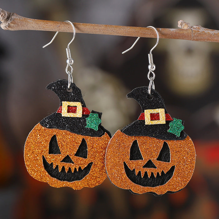 Wholesale New  Goggy Pumpkin Sequins Pendant Earrings PU Leather Gothic Double Sided Earrings