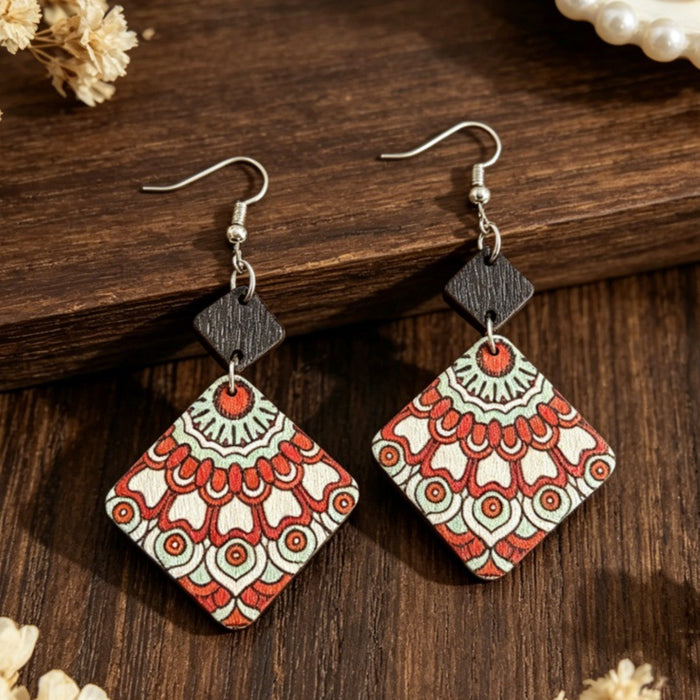 Wholesale Wood Mandala Rhombus Double-Layer Earrings – Red Green Vintage Ethnic Accessory
