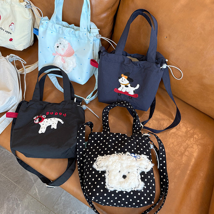 Wholesale New single shoulder canvas bag, cute cartoon embroidered crossbody bag, casual large capacity drawstring tote bag