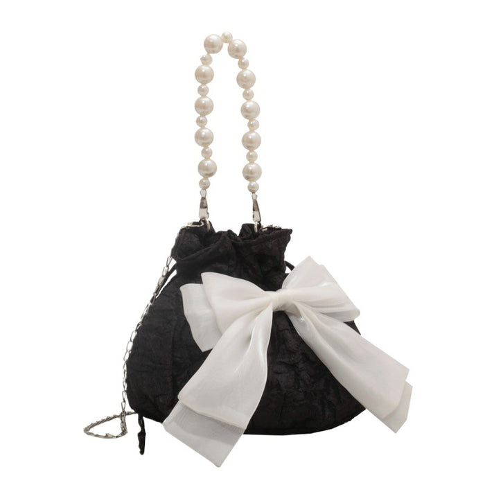 Wholesale Pearl bag, new fashionable bow chain bucket bag, niche and versatile crossbody bag