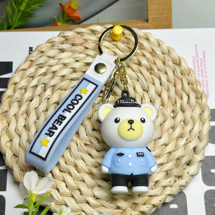 Wholesale Cartoon police teddy bear keychain, firefighter figurine pendant, car ornament