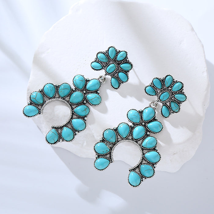 Wholesale Retro fan-shaped turquoise openwork statement earrings