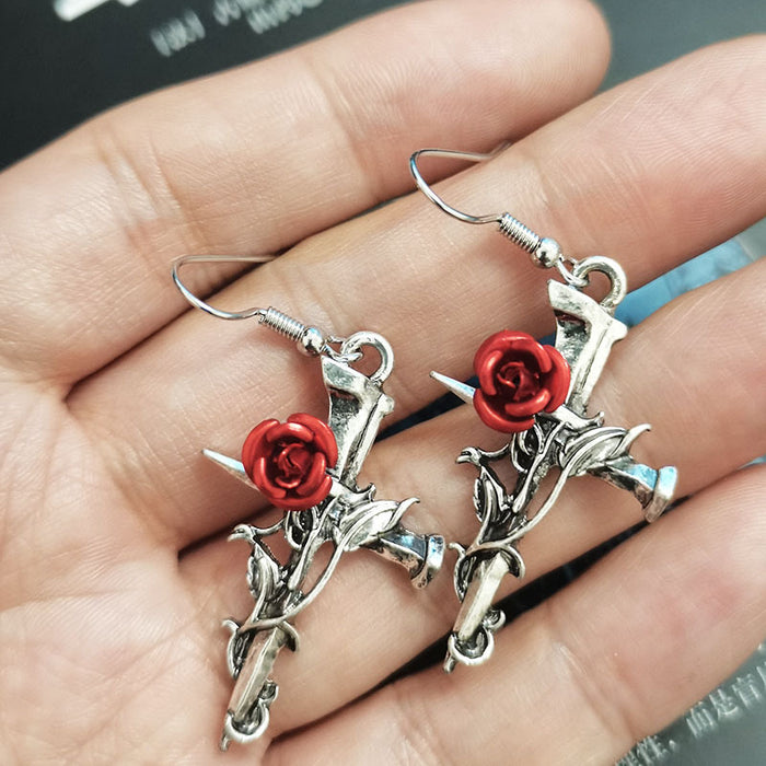 Wholesale Vintage Dark Gothic Alloy Rose Flower Cross Earrings JDC-NS-FuSu006