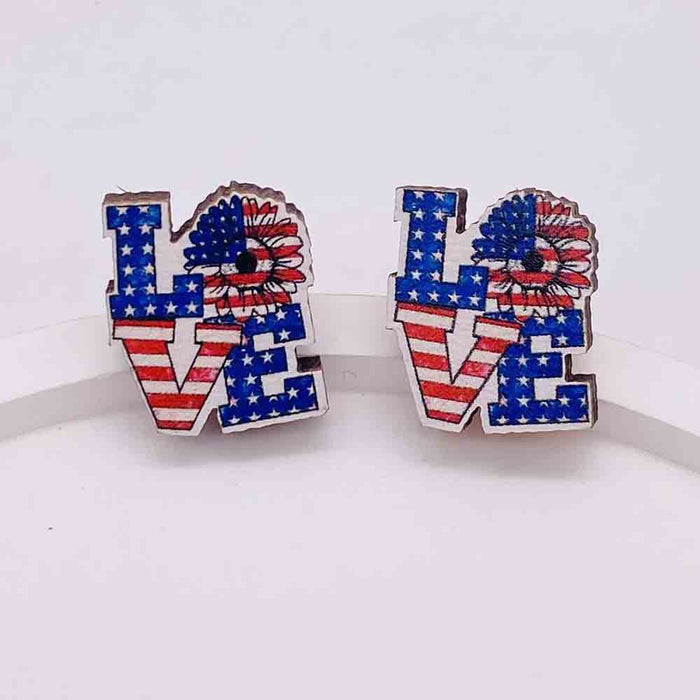 Wholesale Independence Day Wooden Earrings US Flag Heart-shaped Five-pointed Star Sunflower Earrings