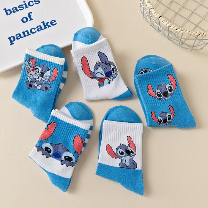 Wholesale Cute blue cartoon-print cotton-lined short striped socks for spring and autumn.