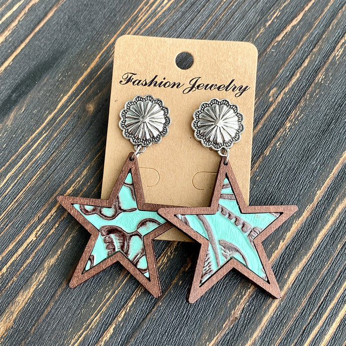 Wholesale Western Denim five-pointed star Natural genuine leather earrings leopard print milk pattern inlaid earrings