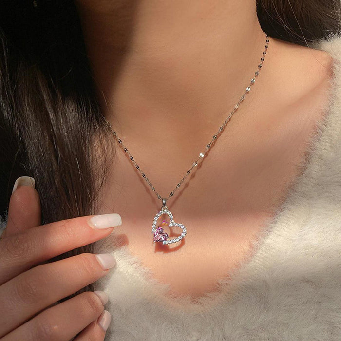 Wholesale Fashion and versatile jewelry with diamond alloy pendant, simple and luxurious double heart necklace