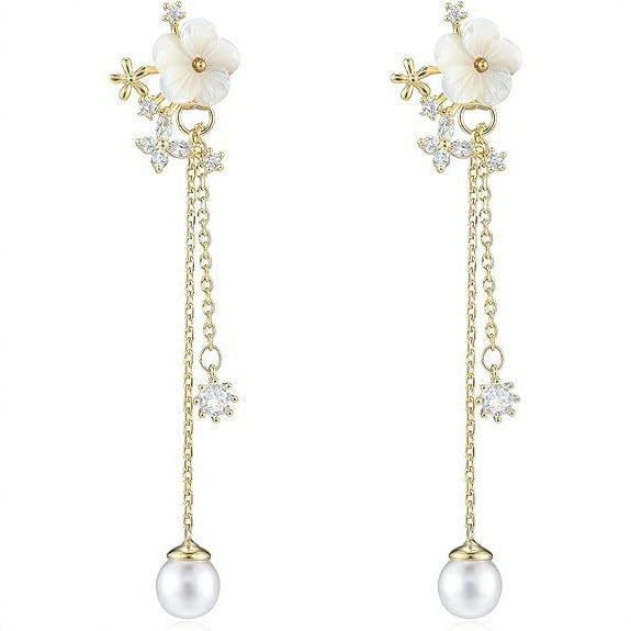 Wholesale New temperament shell flower earrings, two long tassel earrings, light luxury design earrings