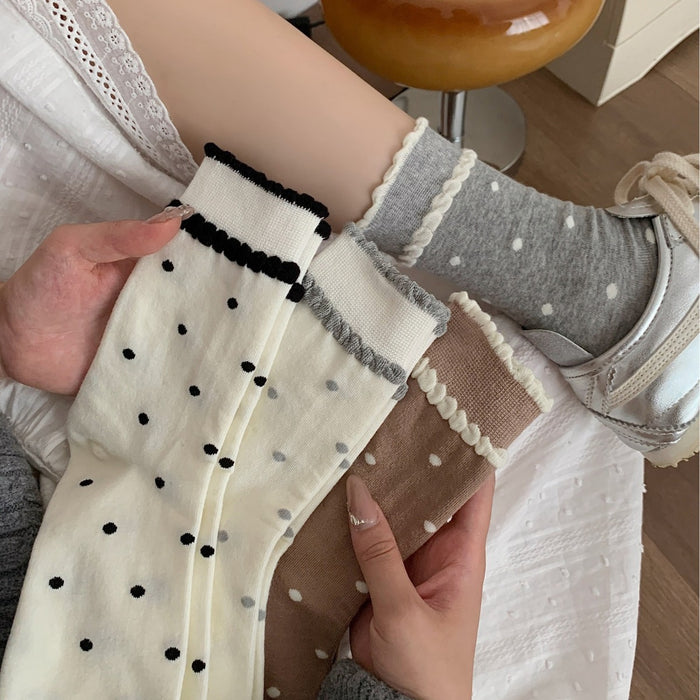 Wholesale Lace socks, mid tube socks, pure cotton retro polka dot long socks, pile socks