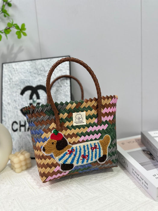 Wholesale Dachshund Striped Straw Bag Retro Woven Vegetable Basket Small Square Bag Commuter Tote Bag Shoulder Bag Cross-Border