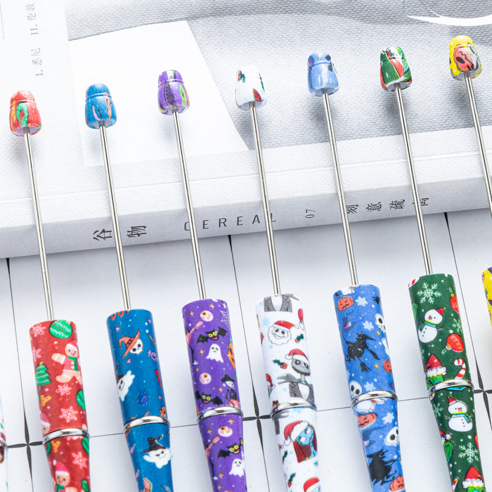 Wholesale Creative DIY plastic bead pen cartoon Christmas  bead ballpoint pen spot wholesale printed bead pen