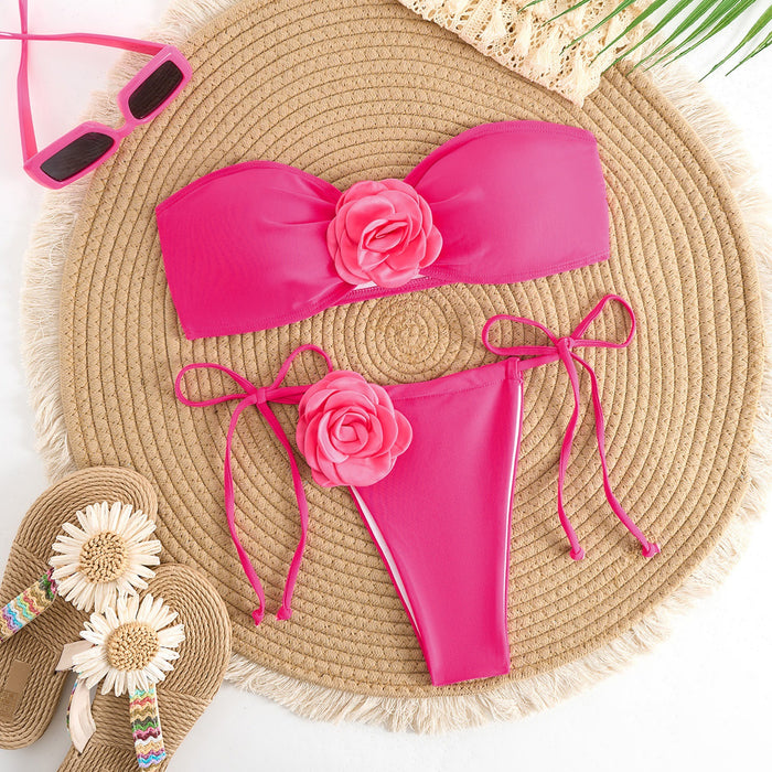 Wholesale Solid color split swimsuit for women, three-dimensional flower swimsuit