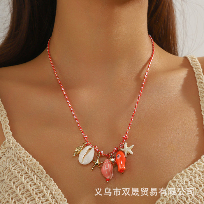 Wholesale Fashionable hand woven rope ocean series ceramic fish shell starfish pendant necklace jewelry