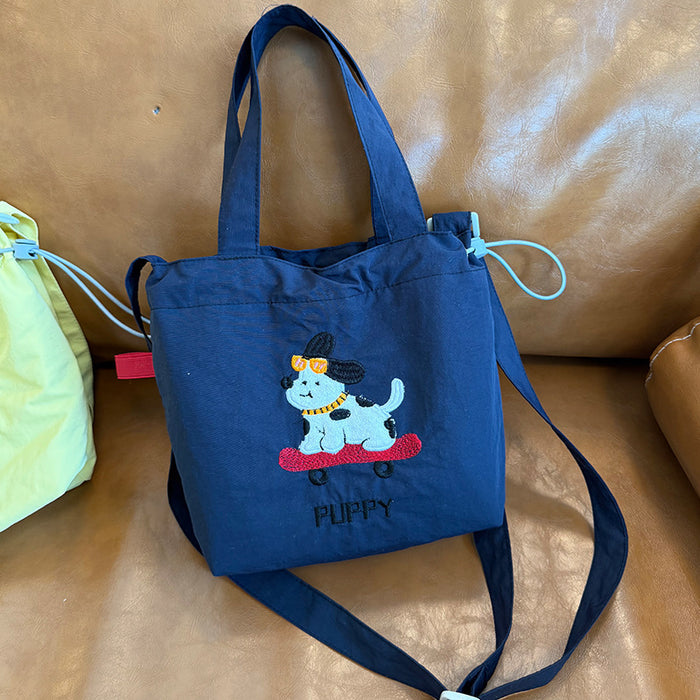 Wholesale New single shoulder canvas bag, cute cartoon embroidered crossbody bag, casual large capacity drawstring tote bag