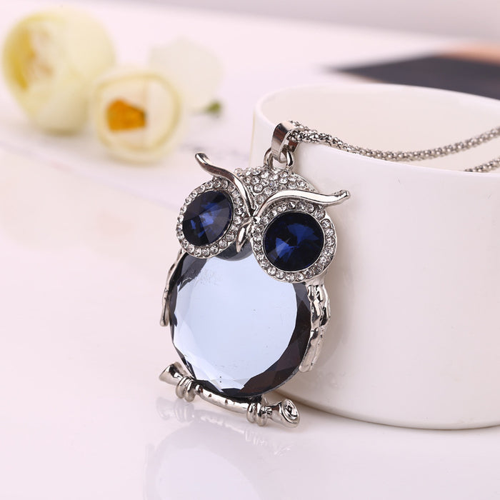 Wholesale Crystal owl long fashion sweater chain necklace for women