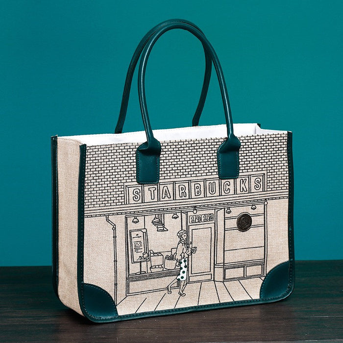 Wholesale Trendy Cartoon Print Cotton Linen Zipper Tote Bag Fashion Accessory Gift