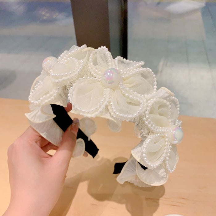 Wholesale Pearl crystal lace, large flower, wide headband, pleated lace, hairpin