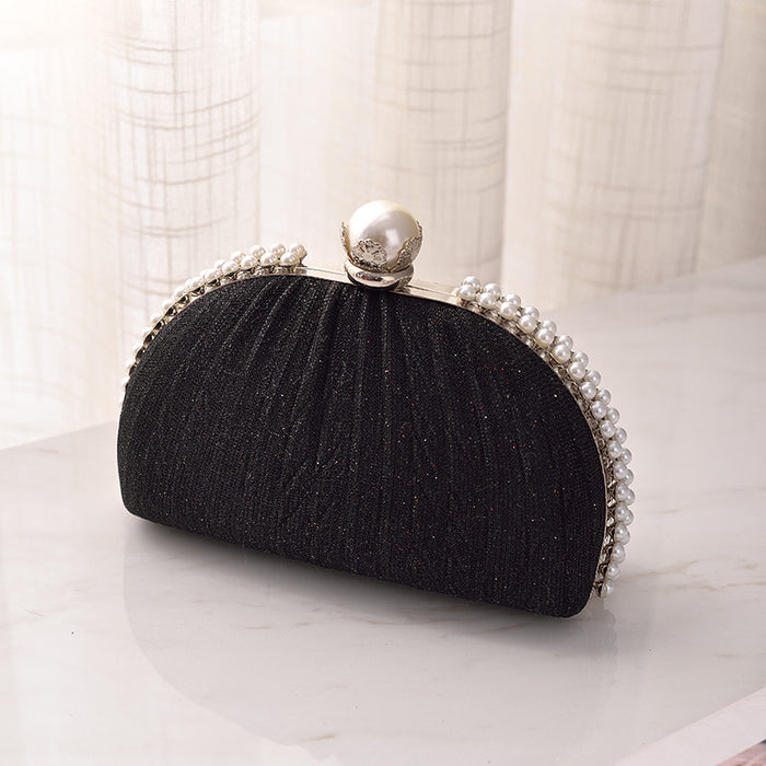 Wholesale New Pearl Dinner Bag Cross-border Black Pleated Evening Dress Bag High-end and Versatile Handbag JDC-HB-YX004