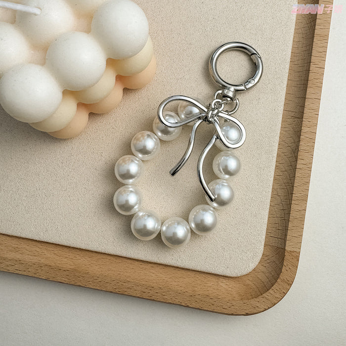 Wholesale Keychain Pendant Metal Shaped Bow Pearl Beaded Mobile Phone Hanging Accessories