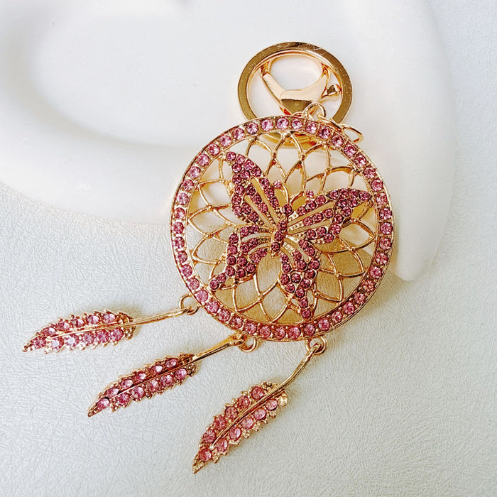Wholesale Pink Dream Catcher Keychain Rhinestone Tassel Feather Zinc Alloy Chic Gift MOQ≥12