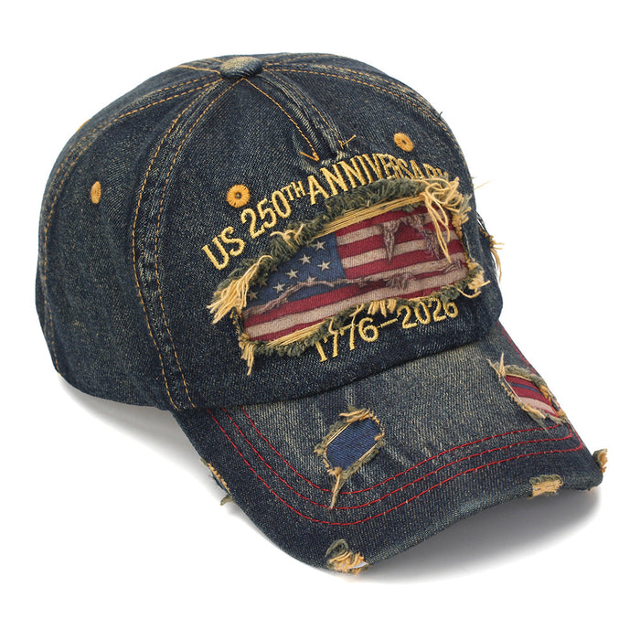 Wholesale USA Flag Embroidered Distressed Denim Baseball Cap - Patriotic Independence Day Gift Fashion Accessory