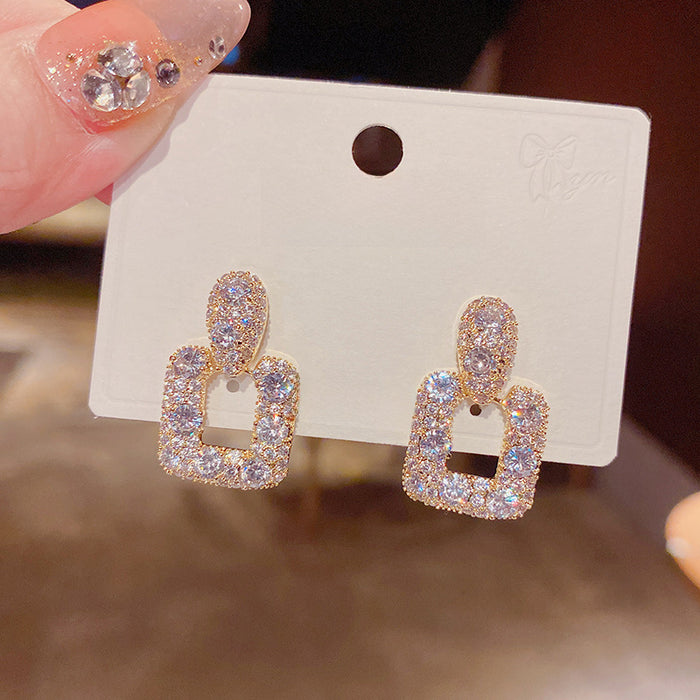 Wholesale Square earrings, retro Hong Kong style geometric light luxury crystal earrings, ladies' temperament earrings