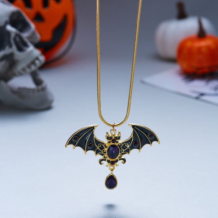 Wholesale Halloween Gothic Bat Rhinestone Ghost Pendant Necklace