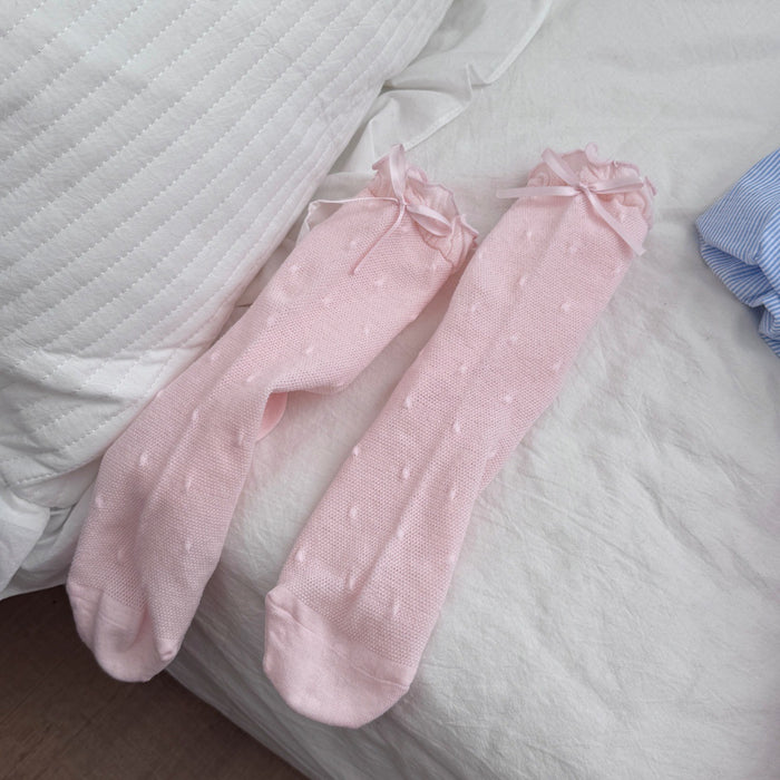 Wholesale Cute mid length socks with butterfly bow and polka dot cotton socks, sweat absorbing and breathable boneless socks