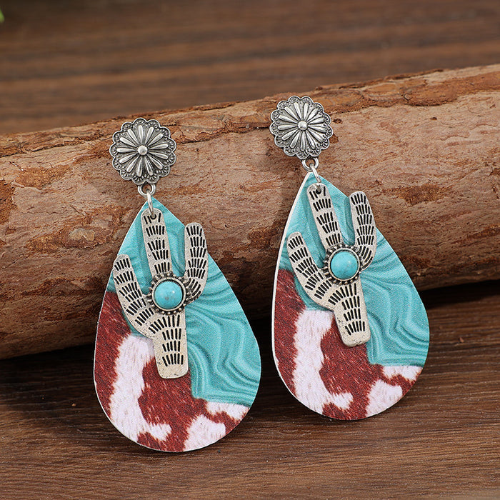 Wholesale Western style retro water droplet shaped printed pattern splicing cactus leather earrings and earrings