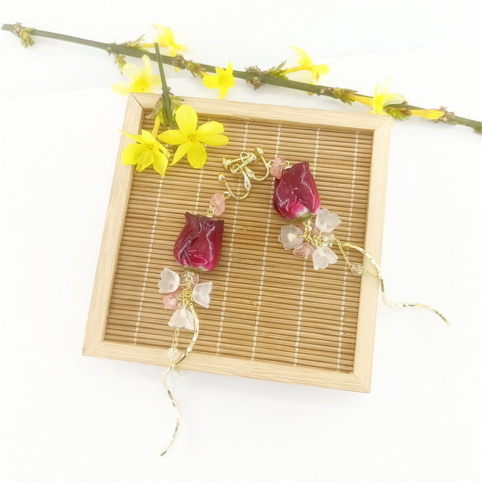 Wholesale New Eternal Flower Rose Earrings Vintage Super Fairy Long Versatile True Flower Earrings Eardrops Earclips