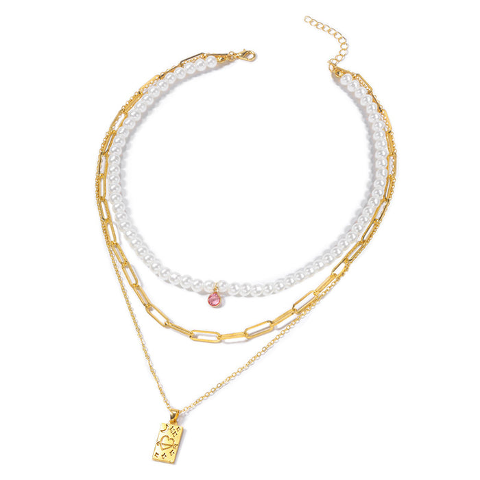 Wholesale Jewelry Pearl Multi layer Necklace Light Luxury Love Square Pendant