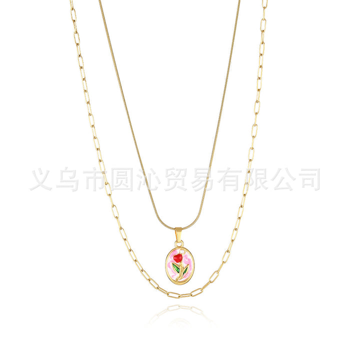 Wholesale Oil Painting Flower Pendant Earrings Necklace Set Versatile Stainless Steel Oil Dripping Double Layer Clavicle Chain