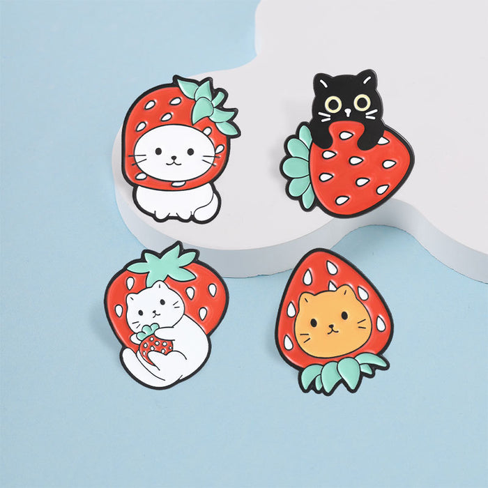 Wholesale Cute Cat Strawberry Fruit Metal Brooch Pin For Girls Holiday Gift