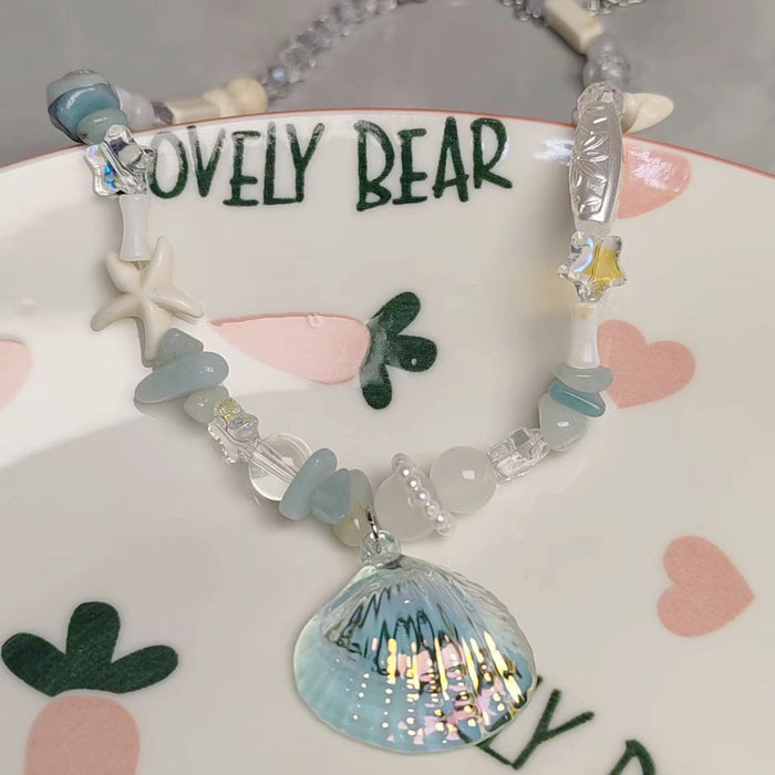 Wholesale Ocean Blue Shell Starfish Pearl Necklace Holiday Style Design  Clavicle Chain Necklace