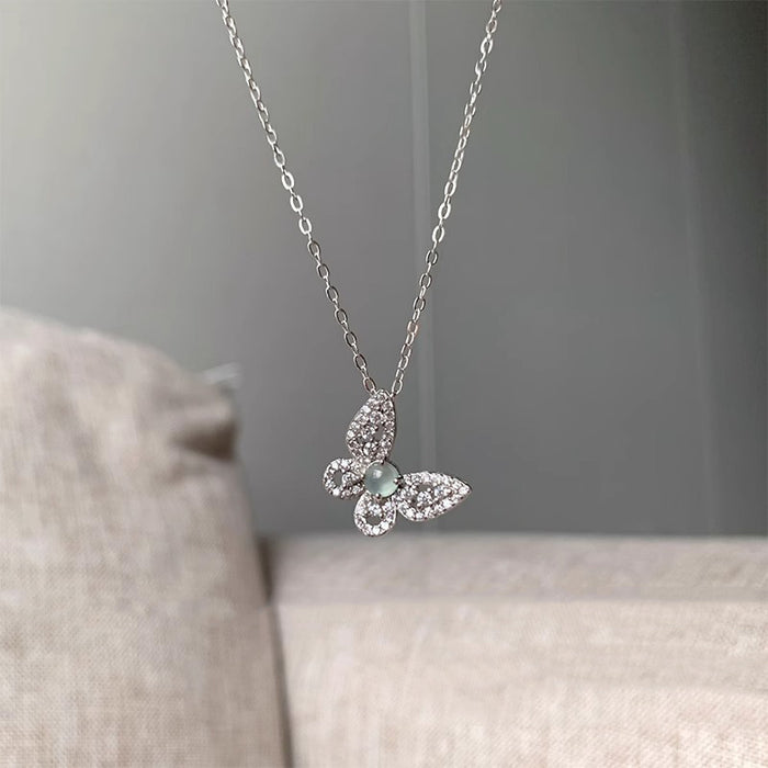 Wholesale Butterfly gemstone necklace with diamond inlay pendant, light luxury titanium steel, colorfast collarbone chain